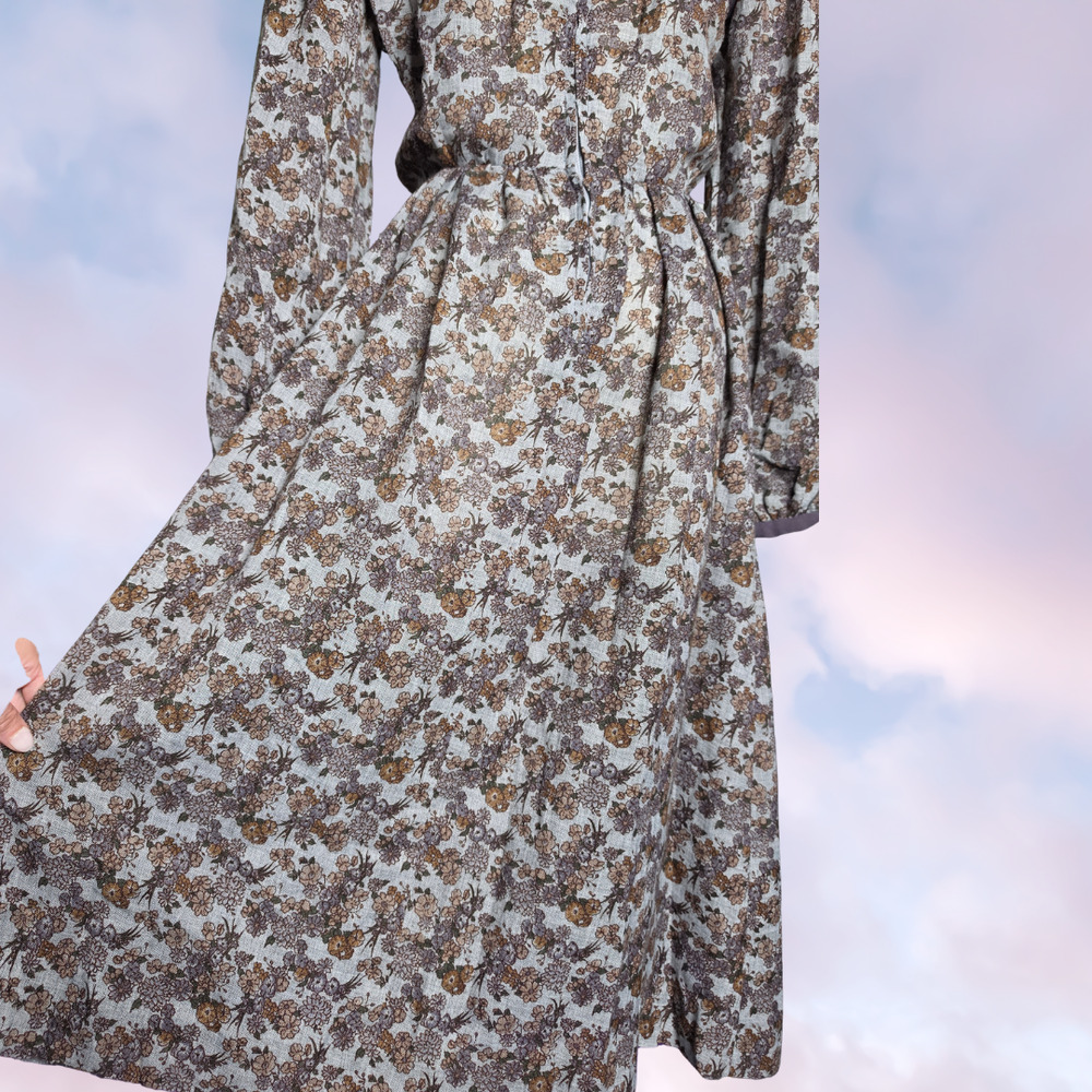 Vtg 50s Handmade Lavender and Blue Floral Sheer Balloon Sleeve Retro Midi Dress - Picture 3 of 7